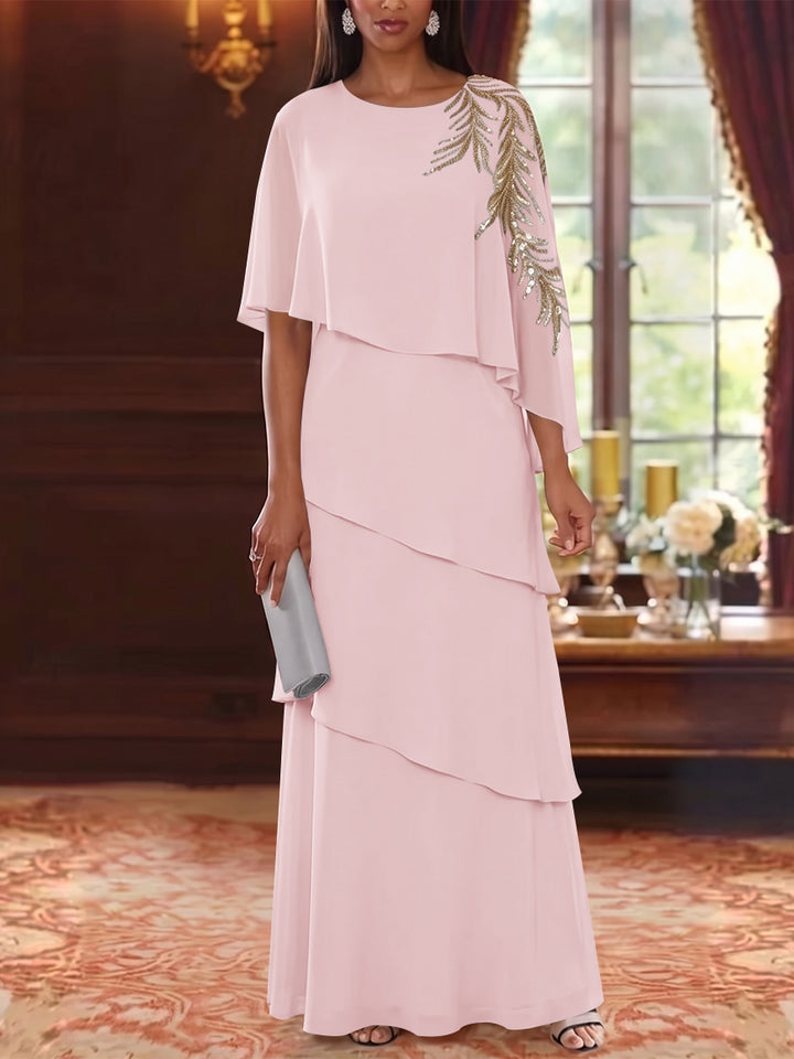 A-Line/Princess Scoop Chiffon Mother of the Bride Dresses Lace Sequins Cape Sleeves Ruffles Floor-Length
