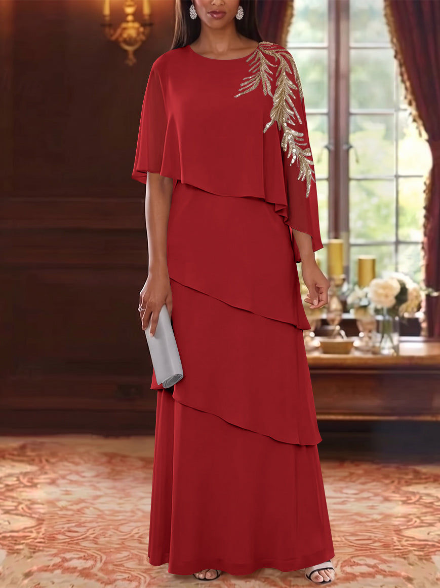 A-Line/Princess Scoop Chiffon Mother of the Bride Dresses Lace Sequins Cape Sleeves Ruffles Floor-Length