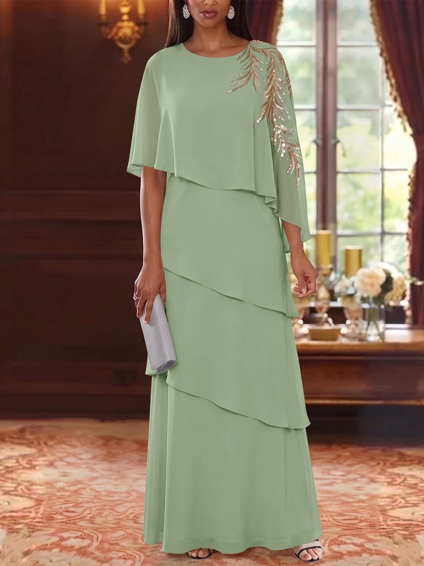 A-Line/Princess Scoop Chiffon Mother of the Bride Dresses Lace Sequins Cape Sleeves Ruffles Floor-Length