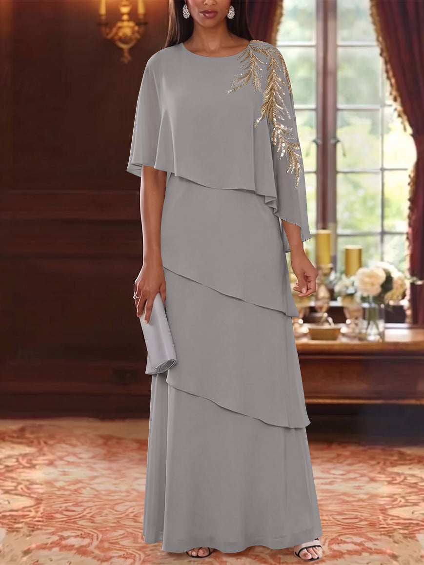 A-Line/Princess Scoop Chiffon Mother of the Bride Dresses Lace Sequins Cape Sleeves Ruffles Floor-Length