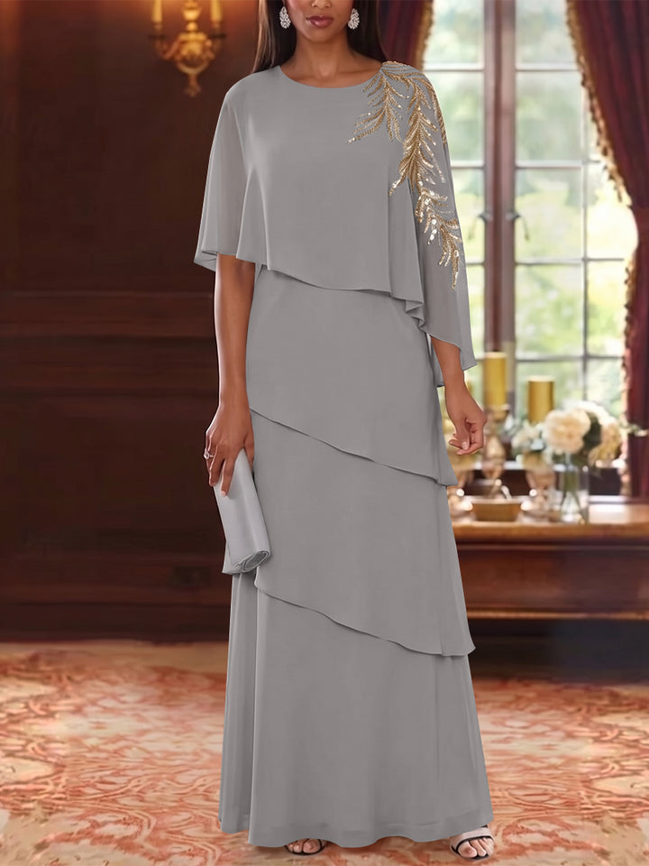 A-Line/Princess Scoop Chiffon Mother of the Bride Dresses Lace Sequins Cape Sleeves Ruffles Floor-Length