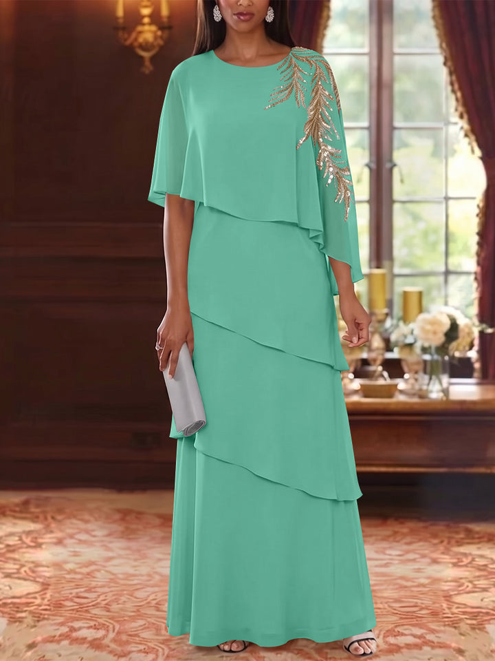 A-Line/Princess Scoop Chiffon Mother of the Bride Dresses Lace Sequins Cape Sleeves Ruffles Floor-Length