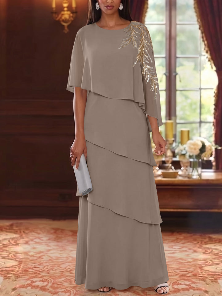 A-Line/Princess Scoop Chiffon Mother of the Bride Dresses Lace Sequins Cape Sleeves Ruffles Floor-Length