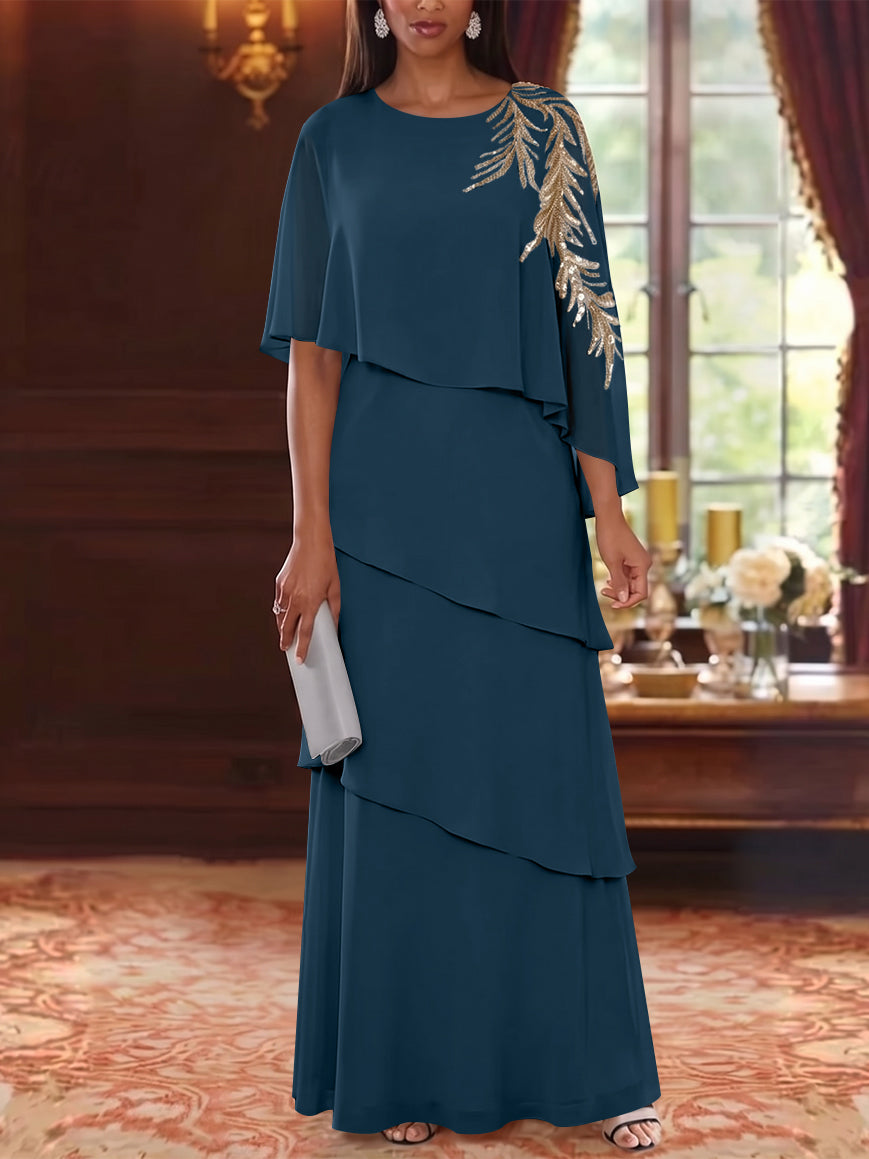 A-Line/Princess Scoop Chiffon Mother of the Bride Dresses Lace Sequins Cape Sleeves Ruffles Floor-Length