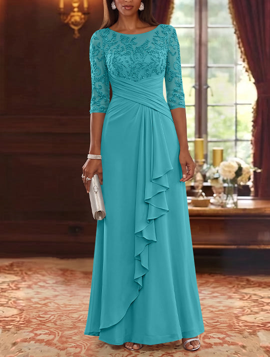 A-Line/Princess Scoop Chiffon Mother of the Bride Dresses Lace Sequins 3/4 Sleeves Ruffles Floor-Length
