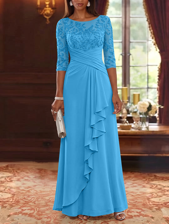 A-Line/Princess Scoop Chiffon Mother of the Bride Dresses Lace Sequins 3/4 Sleeves Ruffles Floor-Length