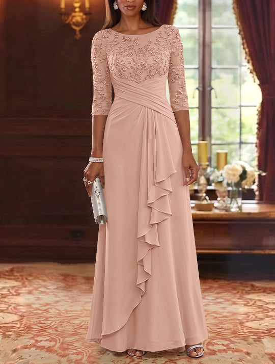 A-Line/Princess Scoop Chiffon Mother of the Bride Dresses Lace Sequins 3/4 Sleeves Ruffles Floor-Length