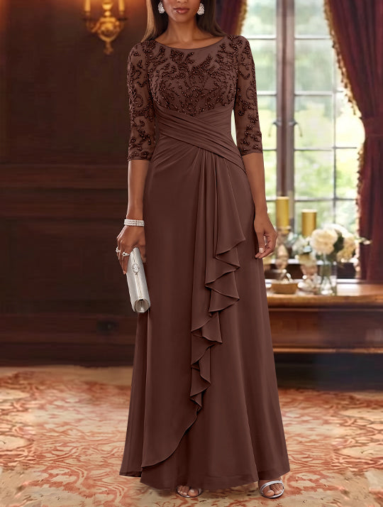 A-Line/Princess Scoop Chiffon Mother of the Bride Dresses Lace Sequins 3/4 Sleeves Ruffles Floor-Length