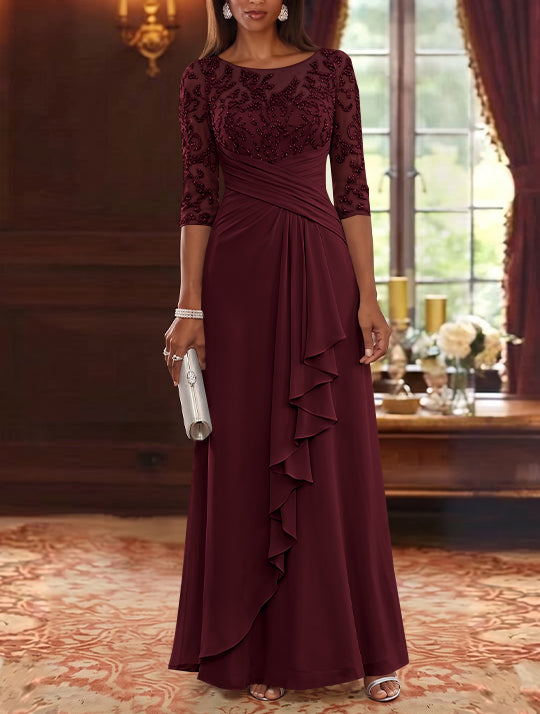 A-Line/Princess Scoop Chiffon Mother of the Bride Dresses Lace Sequins 3/4 Sleeves Ruffles Floor-Length