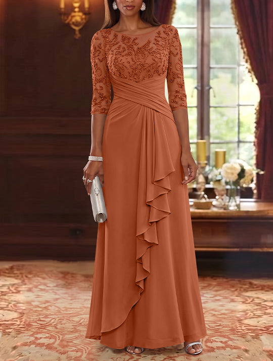A-Line/Princess Scoop Chiffon Mother of the Bride Dresses Lace Sequins 3/4 Sleeves Ruffles Floor-Length