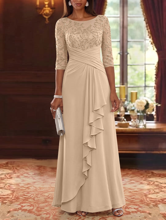 A-Line/Princess Scoop Chiffon Mother of the Bride Dresses Lace Sequins 3/4 Sleeves Ruffles Floor-Length