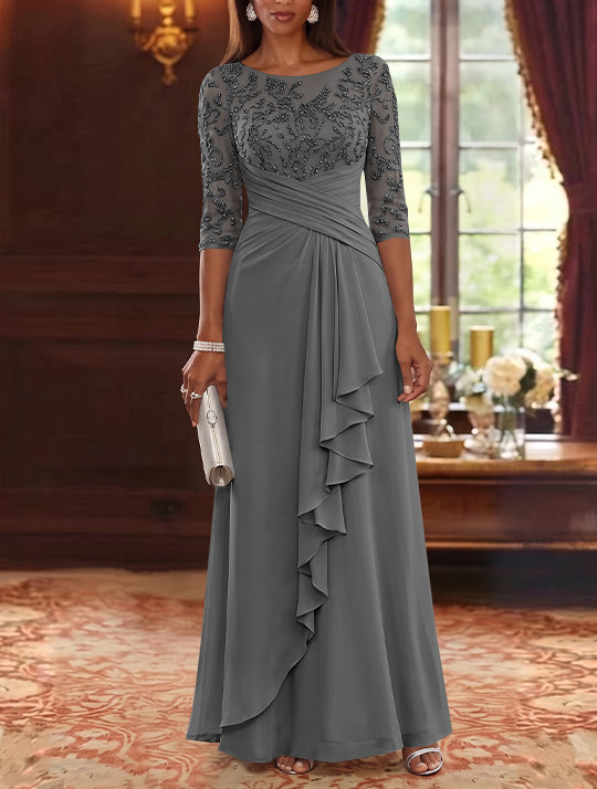 A-Line/Princess Scoop Chiffon Mother of the Bride Dresses Lace Sequins 3/4 Sleeves Ruffles Floor-Length