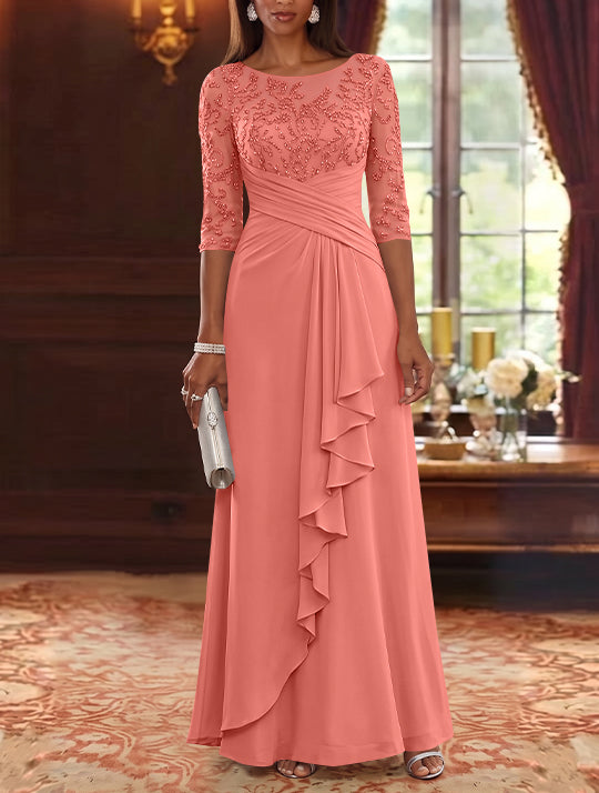 A-Line/Princess Scoop Chiffon Mother of the Bride Dresses Lace Sequins 3/4 Sleeves Ruffles Floor-Length