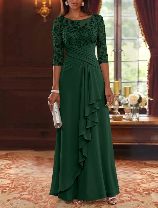 A-Line/Princess Scoop Chiffon Mother of the Bride Dresses Lace Sequins 3/4 Sleeves Ruffles Floor-Length