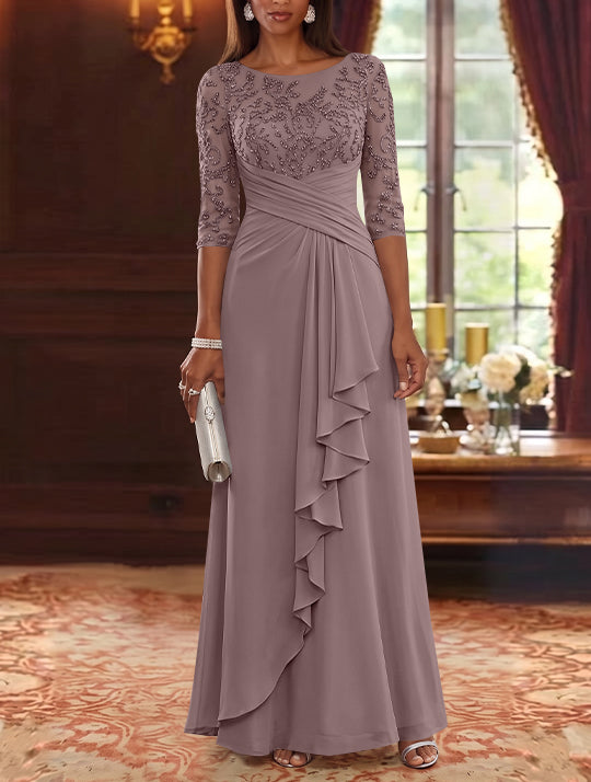 A-Line/Princess Scoop Chiffon Mother of the Bride Dresses Lace Sequins 3/4 Sleeves Ruffles Floor-Length