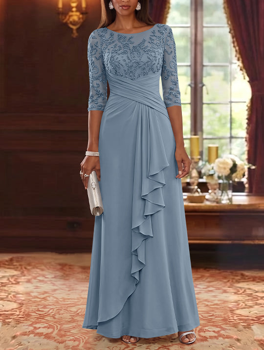 A-Line/Princess Scoop Chiffon Mother of the Bride Dresses Lace Sequins 3/4 Sleeves Ruffles Floor-Length