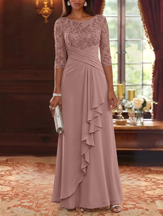 A-Line/Princess Scoop Chiffon Mother of the Bride Dresses Lace Sequins 3/4 Sleeves Ruffles Floor-Length