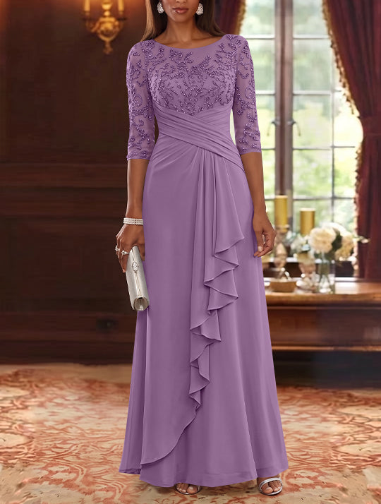 A-Line/Princess Scoop Chiffon Mother of the Bride Dresses Lace Sequins 3/4 Sleeves Ruffles Floor-Length