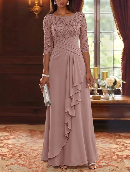 A-Line/Princess Scoop Chiffon Mother of the Bride Dresses Lace Sequins 3/4 Sleeves Ruffles Floor-Length