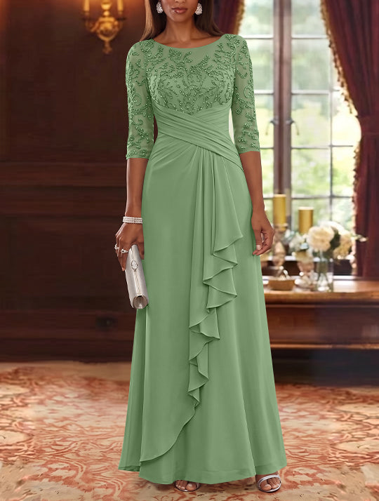 A-Line/Princess Scoop Chiffon Mother of the Bride Dresses Lace Sequins 3/4 Sleeves Ruffles Floor-Length