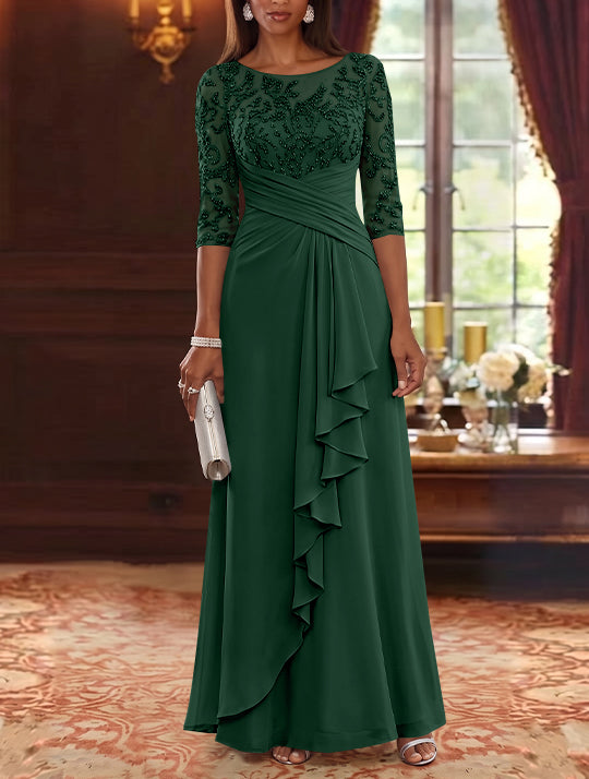 A-Line/Princess Scoop Chiffon Mother of the Bride Dresses Lace Sequins 3/4 Sleeves Ruffles Floor-Length