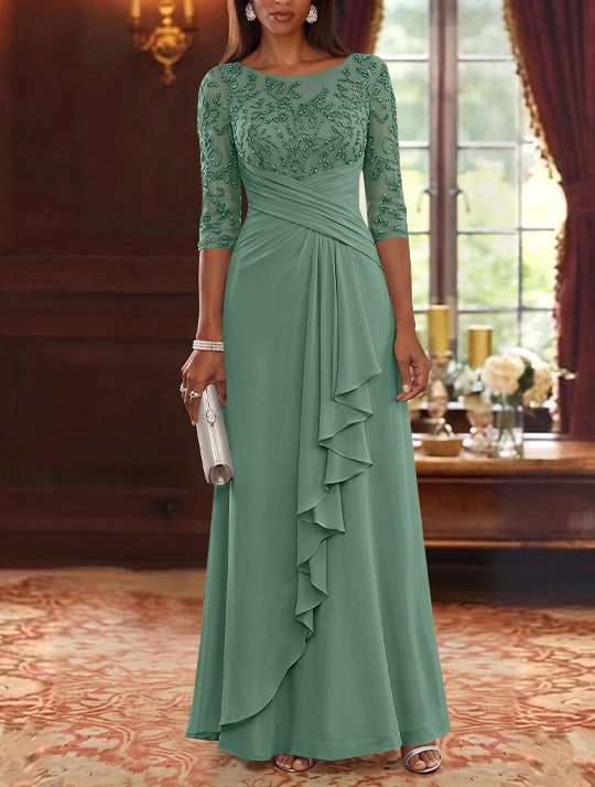 A-Line/Princess Scoop Chiffon Mother of the Bride Dresses Lace Sequins 3/4 Sleeves Ruffles Floor-Length