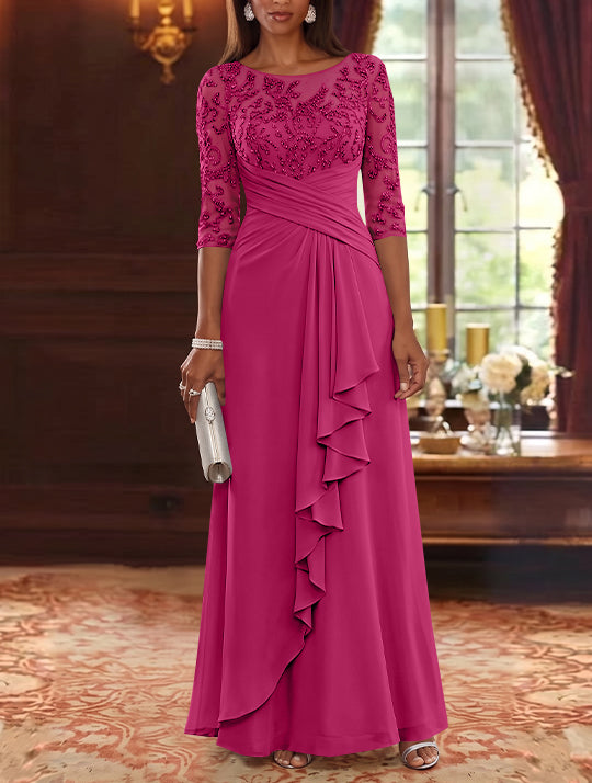 A-Line/Princess Scoop Chiffon Mother of the Bride Dresses Lace Sequins 3/4 Sleeves Ruffles Floor-Length