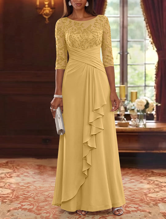 A-Line/Princess Scoop Chiffon Mother of the Bride Dresses Lace Sequins 3/4 Sleeves Ruffles Floor-Length