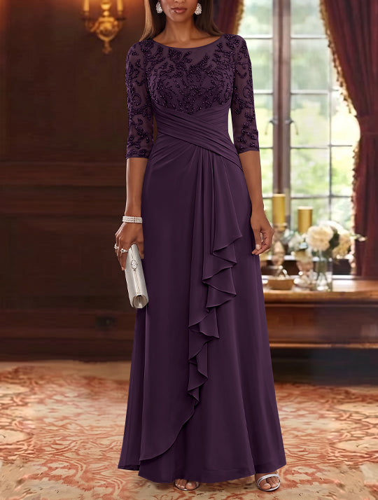 A-Line/Princess Scoop Chiffon Mother of the Bride Dresses Lace Sequins 3/4 Sleeves Ruffles Floor-Length