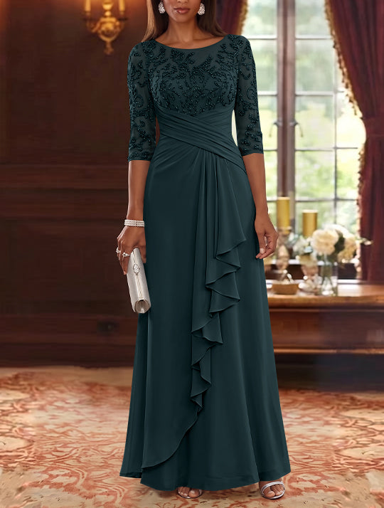 A-Line/Princess Scoop Chiffon Mother of the Bride Dresses Lace Sequins 3/4 Sleeves Ruffles Floor-Length