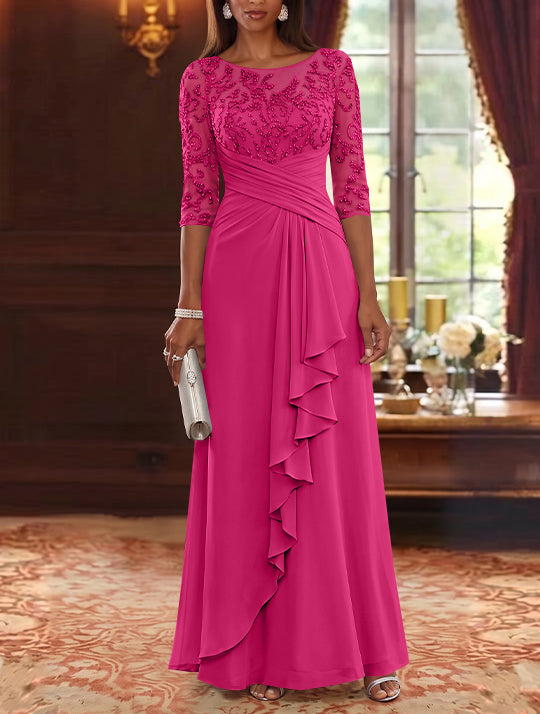 A-Line/Princess Scoop Chiffon Mother of the Bride Dresses Lace Sequins 3/4 Sleeves Ruffles Floor-Length