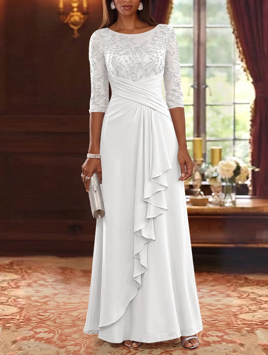 A-Line/Princess Scoop Chiffon Mother of the Bride Dresses Lace Sequins 3/4 Sleeves Ruffles Floor-Length