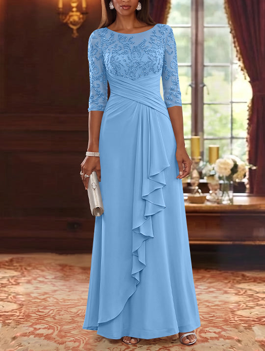 A-Line/Princess Scoop Chiffon Mother of the Bride Dresses Lace Sequins 3/4 Sleeves Ruffles Floor-Length