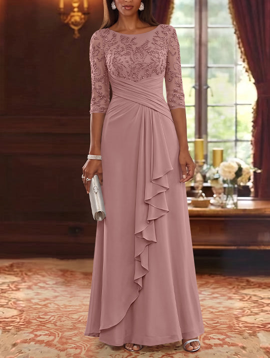A-Line/Princess Scoop Chiffon Mother of the Bride Dresses Lace Sequins 3/4 Sleeves Ruffles Floor-Length