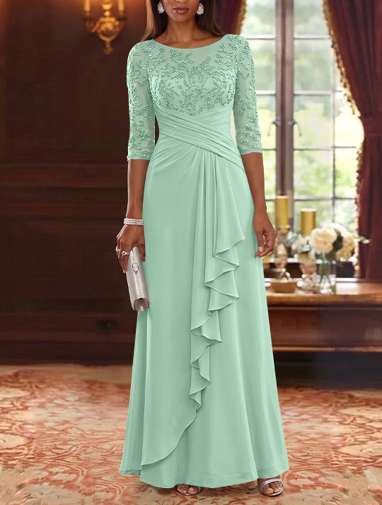 A-Line/Princess Scoop Chiffon Mother of the Bride Dresses Lace Sequins 3/4 Sleeves Ruffles Floor-Length
