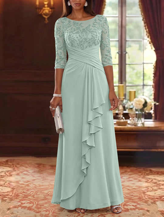 A-Line/Princess Scoop Chiffon Mother of the Bride Dresses Lace Sequins 3/4 Sleeves Ruffles Floor-Length