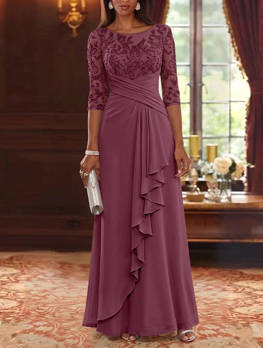 A-Line/Princess Scoop Chiffon Mother of the Bride Dresses Lace Sequins 3/4 Sleeves Ruffles Floor-Length