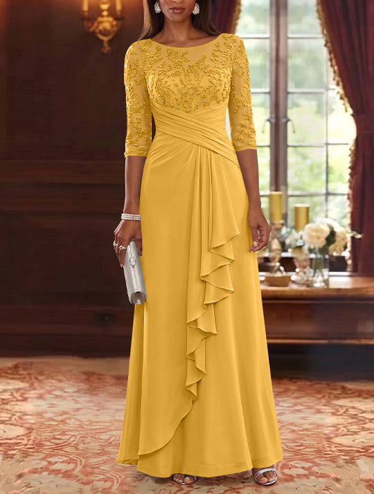 A-Line/Princess Scoop Chiffon Mother of the Bride Dresses Lace Sequins 3/4 Sleeves Ruffles Floor-Length