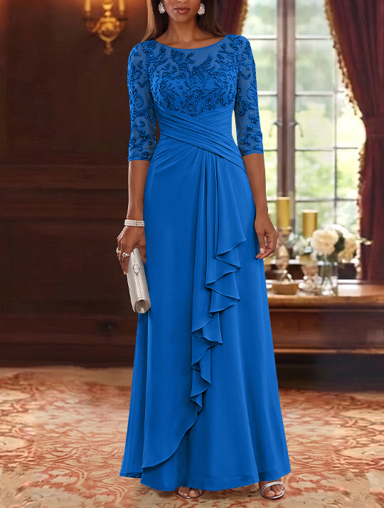 A-Line/Princess Scoop Chiffon Mother of the Bride Dresses Lace Sequins 3/4 Sleeves Ruffles Floor-Length