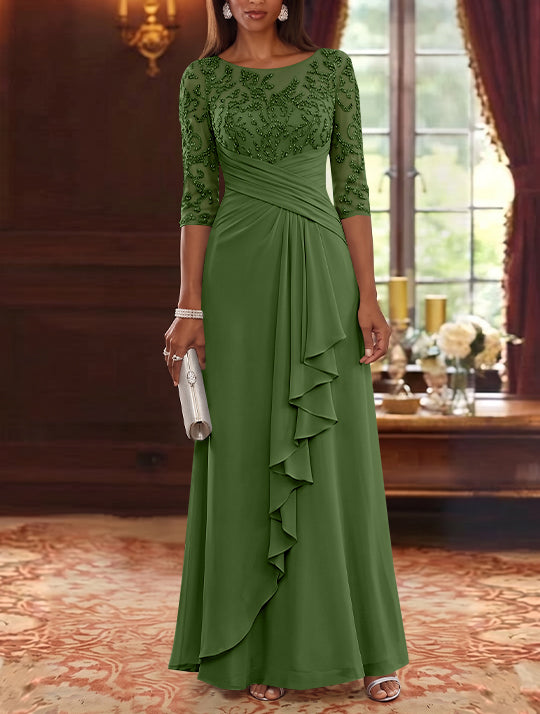 A-Line/Princess Scoop Chiffon Mother of the Bride Dresses Lace Sequins 3/4 Sleeves Ruffles Floor-Length