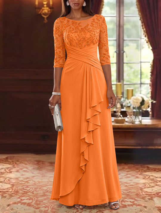 A-Line/Princess Scoop Chiffon Mother of the Bride Dresses Lace Sequins 3/4 Sleeves Ruffles Floor-Length