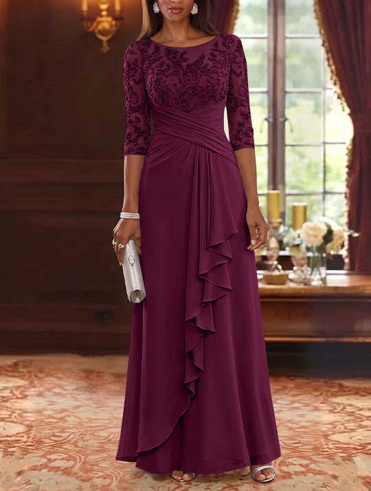 A-Line/Princess Scoop Chiffon Mother of the Bride Dresses Lace Sequins 3/4 Sleeves Ruffles Floor-Length