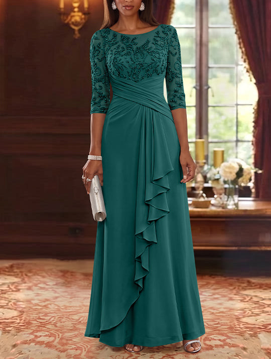 A-Line/Princess Scoop Chiffon Mother of the Bride Dresses Lace Sequins 3/4 Sleeves Ruffles Floor-Length