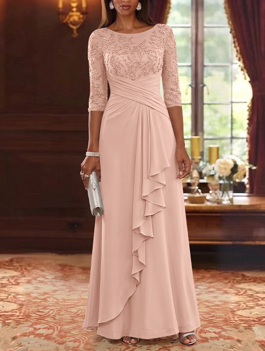 A-Line/Princess Scoop Chiffon Mother of the Bride Dresses Lace Sequins 3/4 Sleeves Ruffles Floor-Length