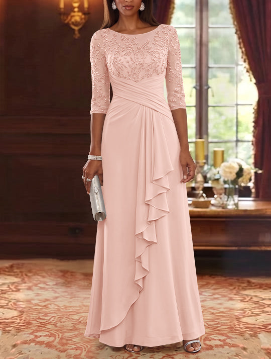 A-Line/Princess Scoop Chiffon Mother of the Bride Dresses Lace Sequins 3/4 Sleeves Ruffles Floor-Length