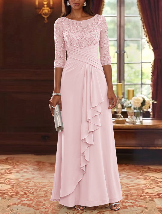A-Line/Princess Scoop Chiffon Mother of the Bride Dresses Lace Sequins 3/4 Sleeves Ruffles Floor-Length