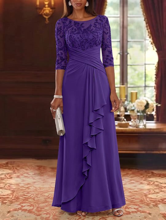 A-Line/Princess Scoop Chiffon Mother of the Bride Dresses Lace Sequins 3/4 Sleeves Ruffles Floor-Length