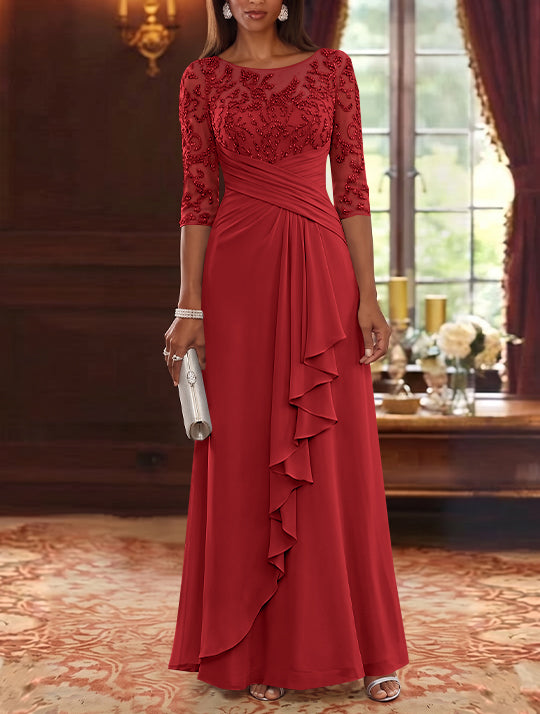 A-Line/Princess Scoop Chiffon Mother of the Bride Dresses Lace Sequins 3/4 Sleeves Ruffles Floor-Length
