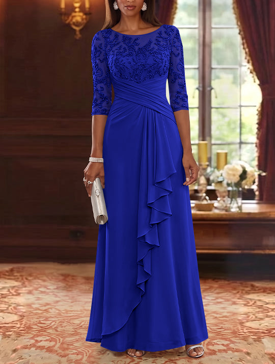 A-Line/Princess Scoop Chiffon Mother of the Bride Dresses Lace Sequins 3/4 Sleeves Ruffles Floor-Length