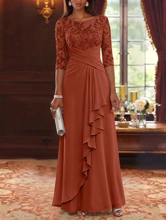 A-Line/Princess Scoop Chiffon Mother of the Bride Dresses Lace Sequins 3/4 Sleeves Ruffles Floor-Length